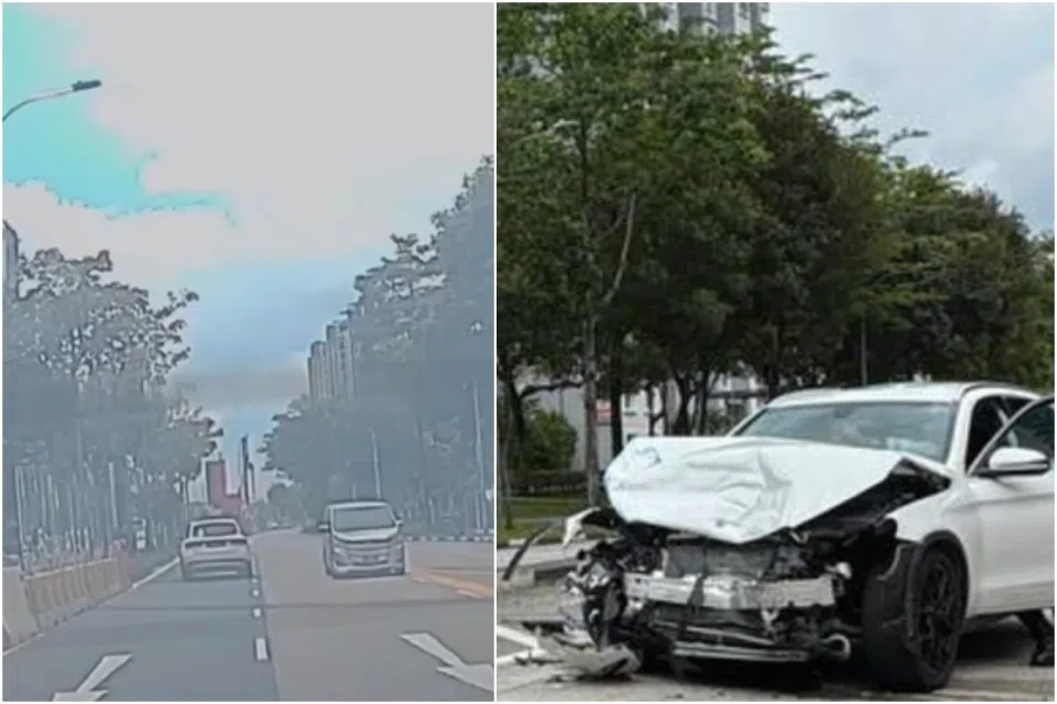 In a video on social media, a white car is seen driving against the flow of traffic and subsequently, seen with its front-end crumpled.