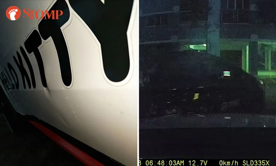 Sharon's car was dented (left) after a SMRT taxi driver allegedly opened the door repeatedly
