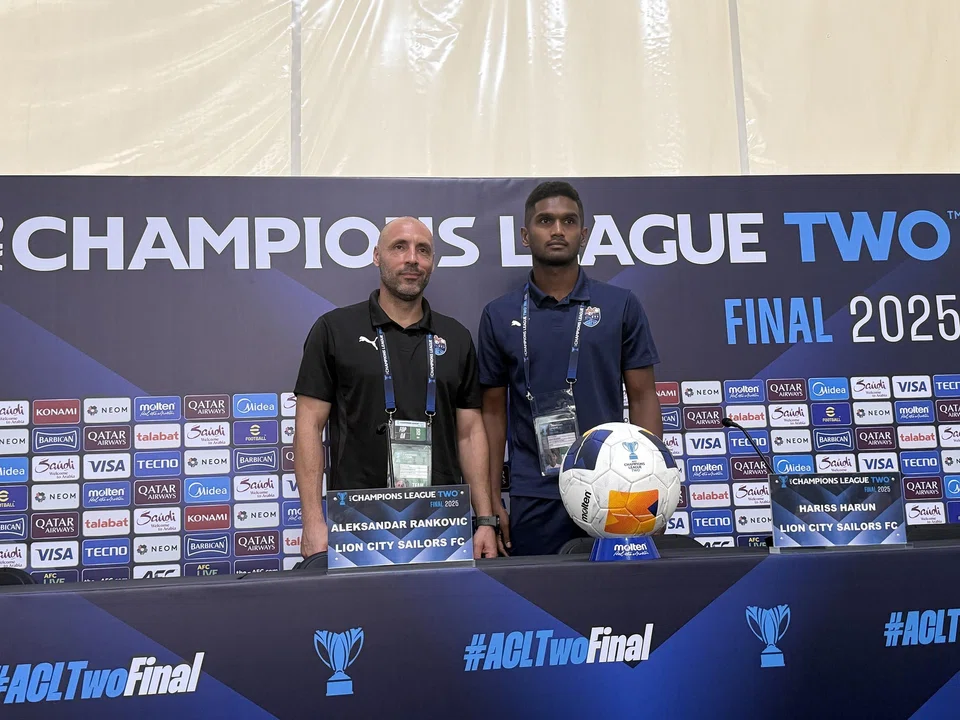 Sailors head coach Aleksandar Rankovic and captain Hariss Harun at the pre-match press conference on May 17.