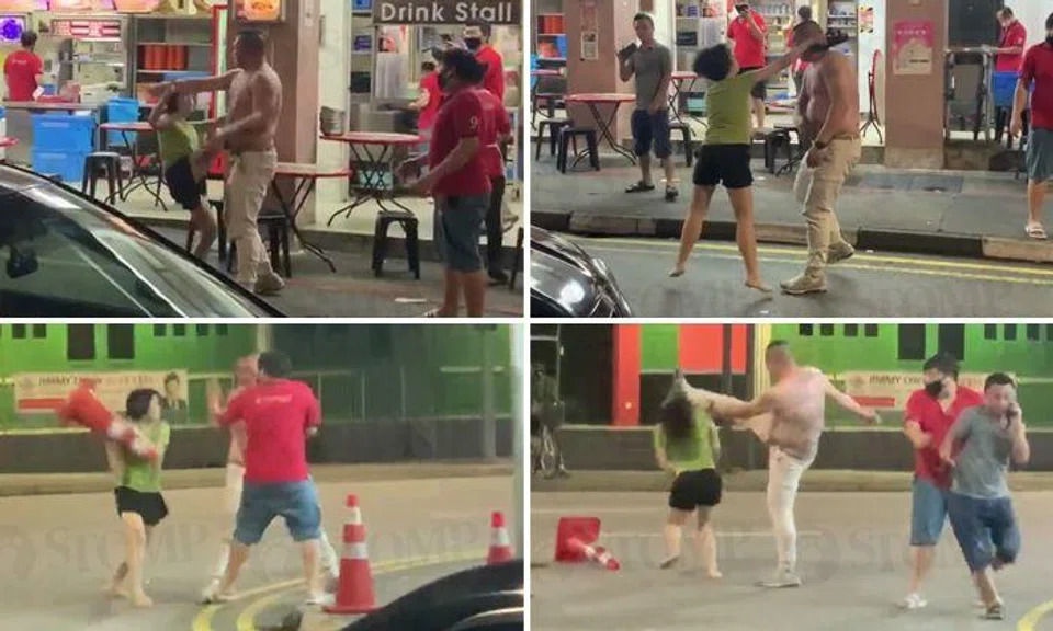 2 arrested: Woman delivers failed flying kick, whacks man with shoe and traffic cone in Geylang