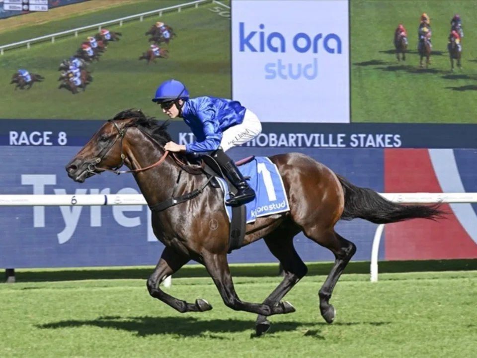 Broadsiding (Zac Lloyd) grabbing victory in the Group 2 Hobartville Stakes (1,400m) at Rosehill on Feb 22. Regular partner James McDonald is back in the saddle in the Group 1 Randwick Guineas (1,600m) on March 8.
