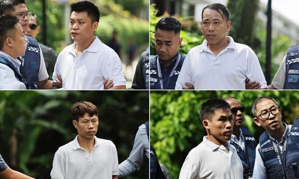 (Clockwise from top left) Zhuo Yinggui, Yang Chao, Zhou Qifa and He Jiao were each charged with one count of possessing housebreaking tools on Aug 10.