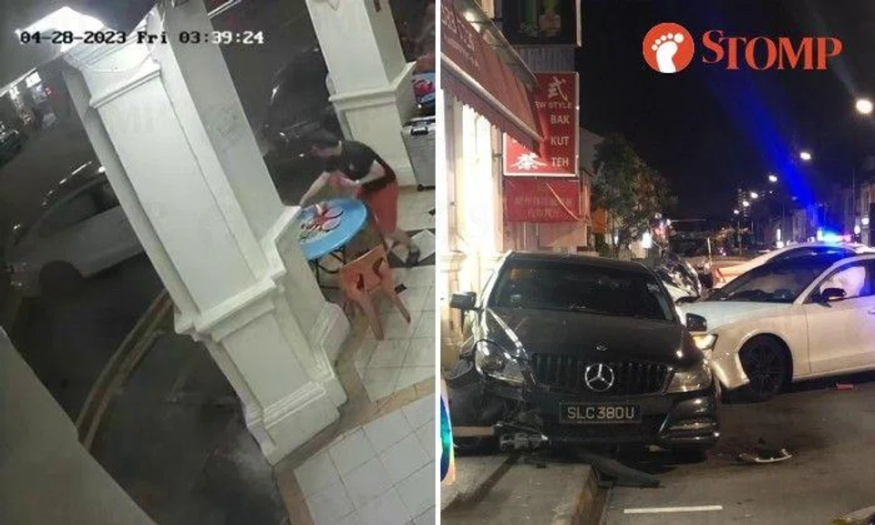 People sitting outside a Geylang coffee shop were nearly hit by a car crashing into a parked Mercedes early Friday morning (April 28).