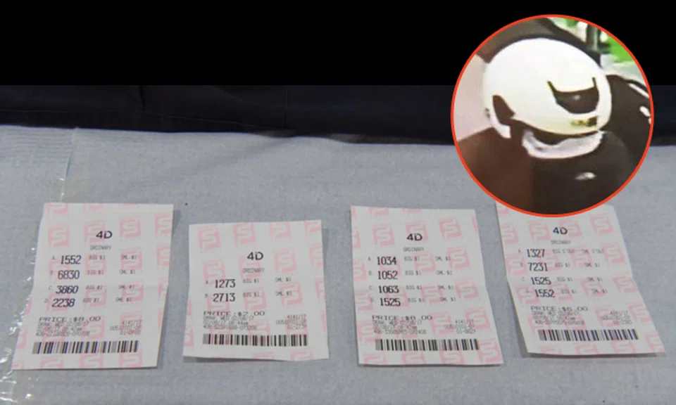 ST photo: 4D tickets that were retrieved from the suspect. Inset: The police had earlier supplied an image of the suspect.