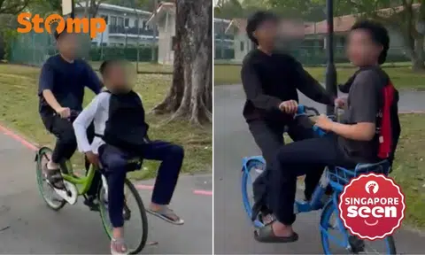 Youths ride AnyWheel and HelloRide bicycles at Pasir Ris Park — with passengers in front baskets