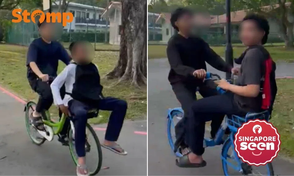 Youths ride AnyWheel and HelloRide bicycles at Pasir Ris Park — with passengers in front baskets