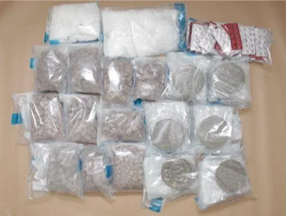 Drugs seized from a car carrying a 41-year-old Singaporean man attempting to smuggle the drugs into Singapore on April 16.