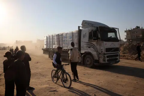 A truck loaded with humanitarian aid in Khan Younis, in the southern Gaza Strip, on Jan 30. Singapore, too, will be sending its seventh tranche of aid to the war-torn territory.