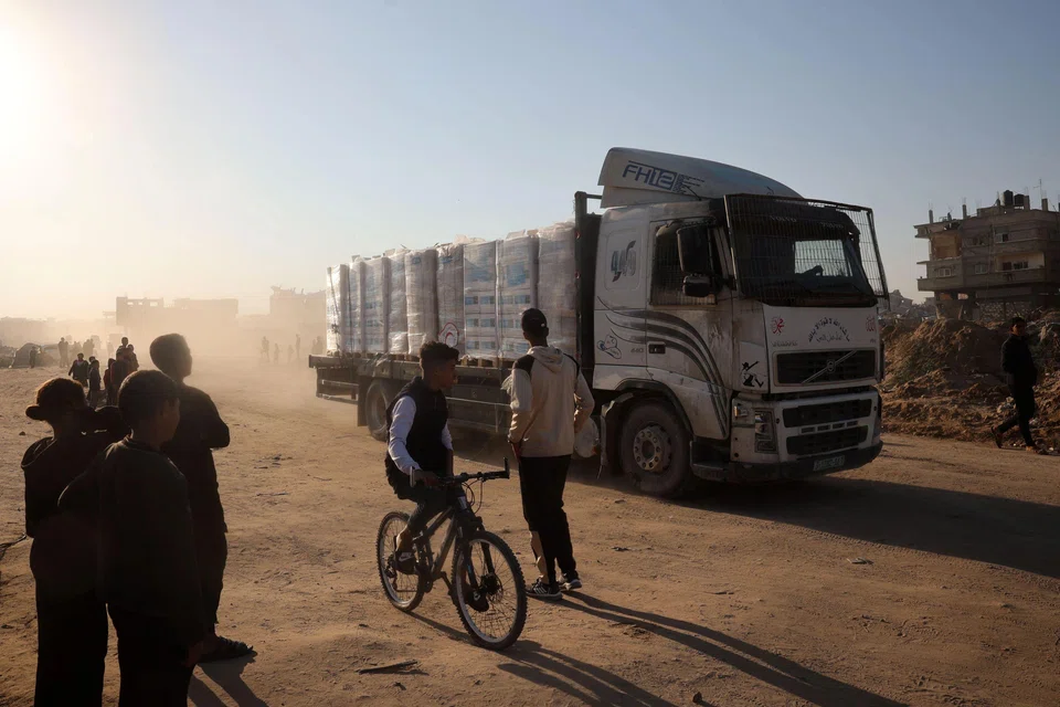 A truck loaded with humanitarian aid in Khan Younis, in the southern Gaza Strip, on Jan 30. Singapore, too, will be sending its seventh tranche of aid to the war-torn territory.