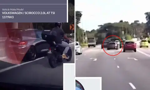 Volkswagen without rear licence plate overtakes other motorists like a menace on BKE