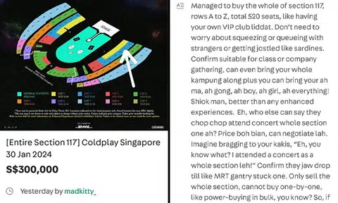 Carousell user selling entire Coldplay concert 'VIP club' section for $300k?