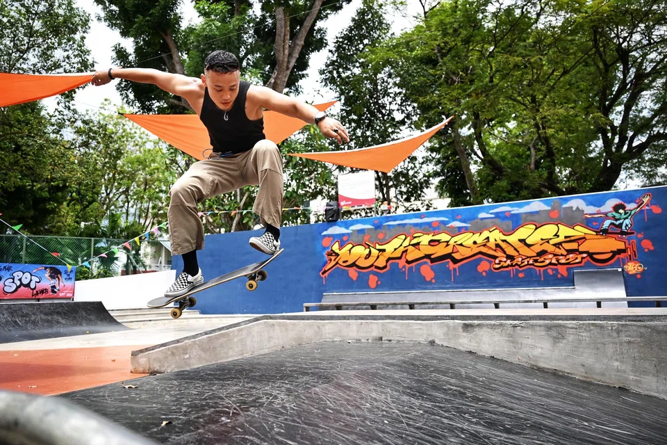 Hazmi Husaini, 27, skateboarding at the Bishan Skate Spot on March 16, 2025.