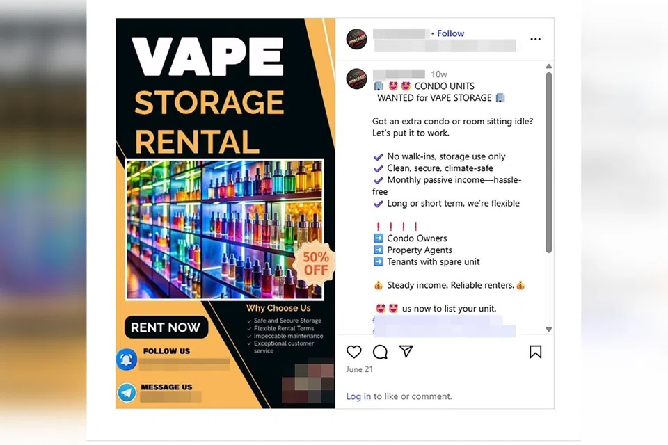 An advertisement looking for people to rent out rooms or condominium units for storing vapes.
