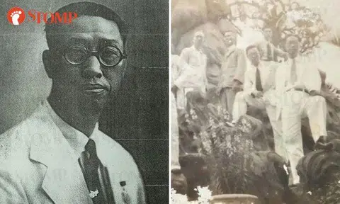Zaini's grandfather wearing his medal (left) and with his friends at Haw Par Villa (far right).