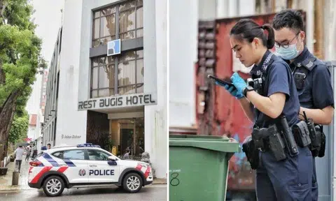 Officers responded to the scene and discovered blood stains in a room at Rest Bugis Hotel. Photos: Shin Min Daily News