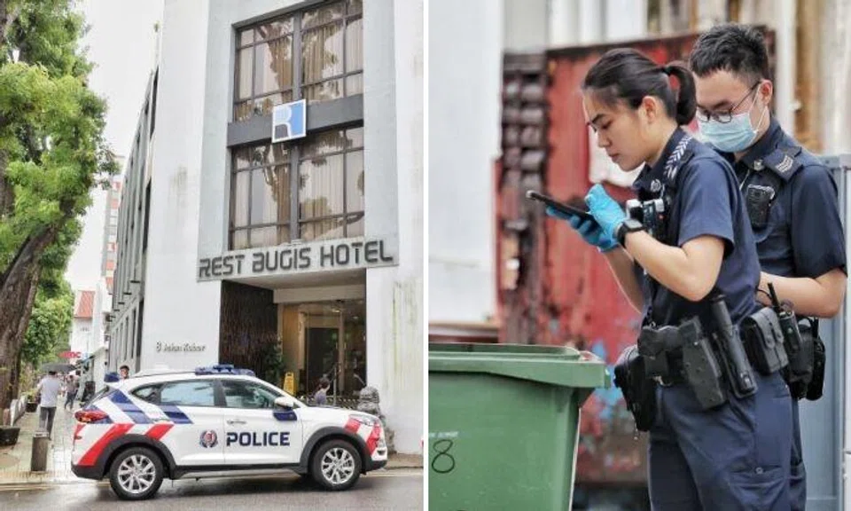 Officers responded to the scene and discovered blood stains in a room at Rest Bugis Hotel. Photos: Shin Min Daily News