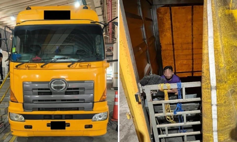 A Malaysian man was found trying to illegally depart Singapore via Tuas Checkpoint by hiding in the cargo compartment of a lorry on July 19. Photos: Immigration and Checkpoints Authority