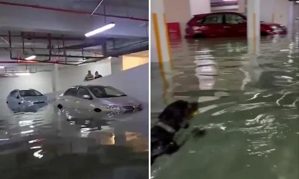 A video of a resident wading through the flooded carpark, with the water level covering the tyres of several cars, circulated in chat groups that day.