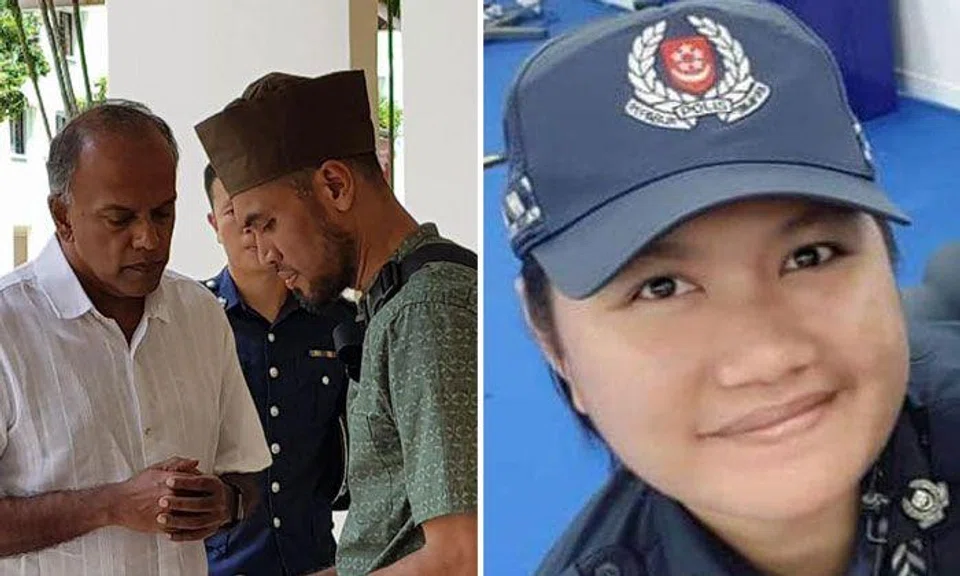 Minister K Shanmugam with Mr Indra Shaiful (left), Madam Salinah's (right) husband.