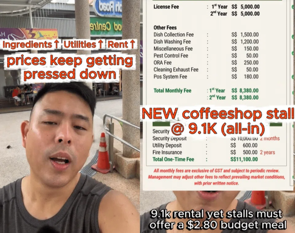 Screenshots of TikTok user Keatmentaiya's video on how hawker prices are pressed down while costs increase. Text on screen "prices keep getting pressed down", "new coffeeshop stall @ 9.1k (all-in)