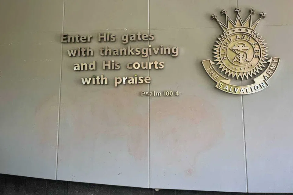 Red spray paint on the walls of Praisehaven - The Salvation Army's compound was removed, leaving faint markings of the graffiti. ST PHOTO: CHONG JUN LIANG