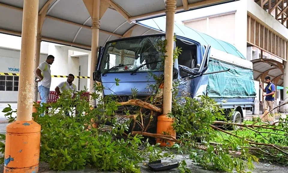 A resident said the lorry had hit a small tree before knocking into the pillars of a sheltered walkway at Block 854 Tampines Street 82 on Jan 14.