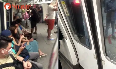 After delay, train departs Jurong East MRT station with platform screen doors unable to close