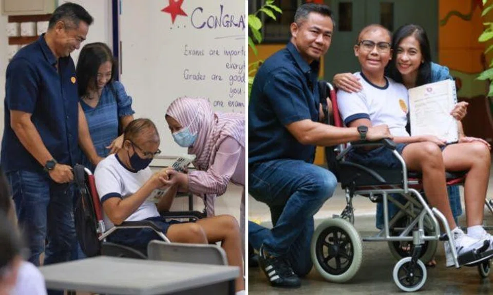 Collecting his results in a wheelchair with his parents on Wednesday, Izzat, 15, said he was happy, particularly with the A grade that he got for his foundation-level mathematics. He scored Bs for English language and science.