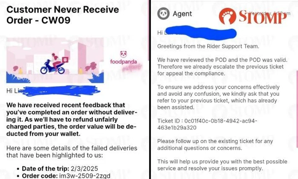 Foodpanda rider feels 'powerless' to have $113 'automatically' deducted over disputed delivery