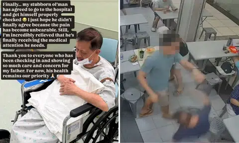 elderly wonton noodle seller, pushed, coffeeshop, hospital