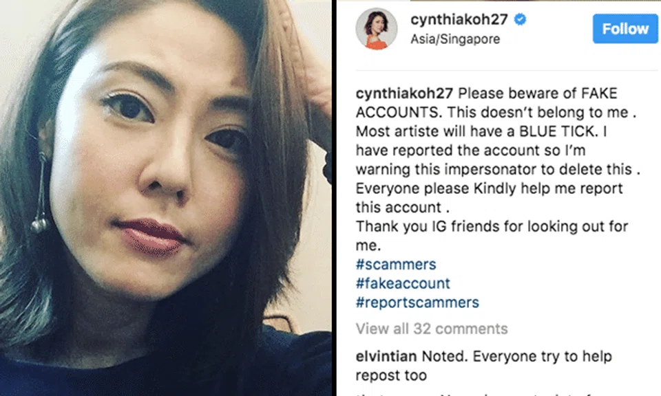 Celebrity Cynthia Koh warns fans about fake Instagram accounts