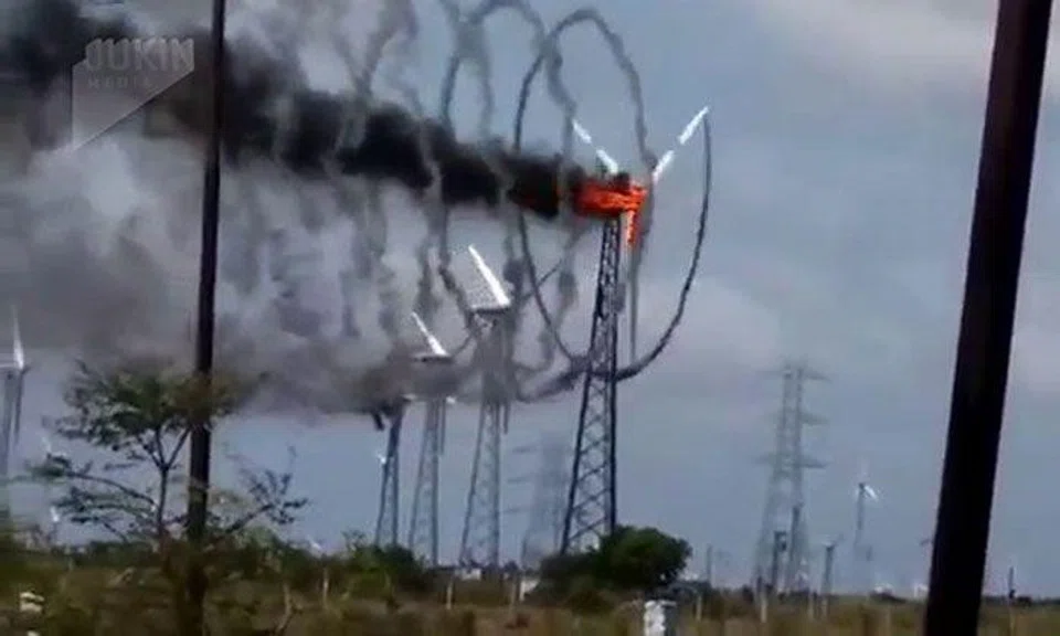 The strangest thing happens after a windmill catches fire in India