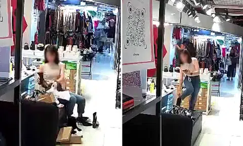 Woman swaps shoes and leaves store with new boots