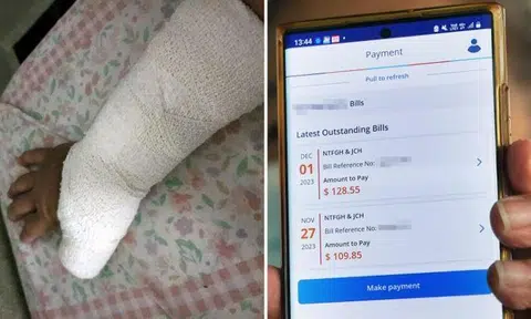 She ended up with a fractured right palm and had to wear a cast. Photos: Shin Min Daily News