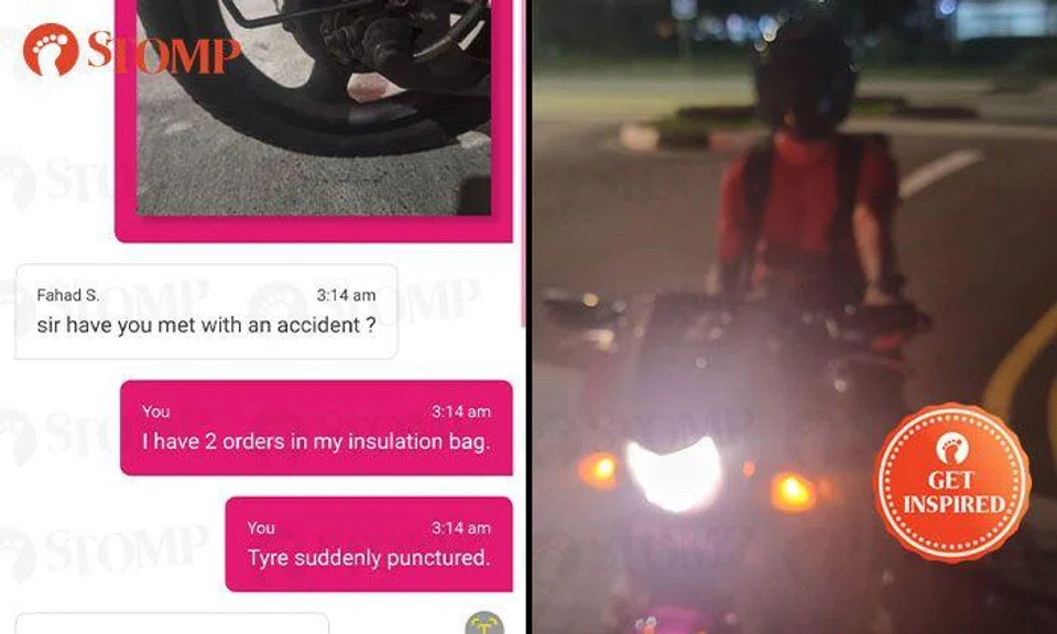Kind motorcyclist helps Foodpanda rider deliver food after his PAB tyre punctures