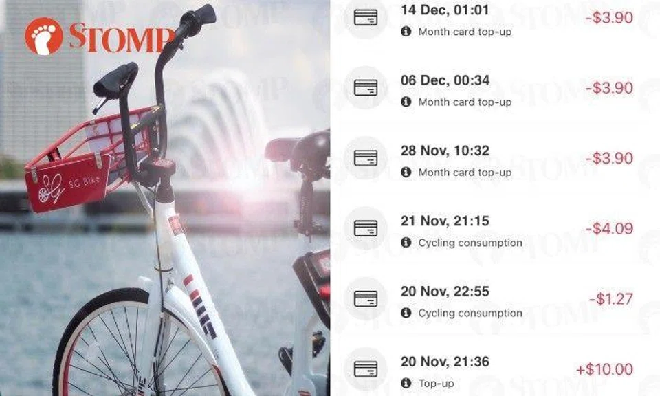 She checked the app to discover that $3.90 had been deducted from her account for a seven-day Bike Pass every week since Nov 28.