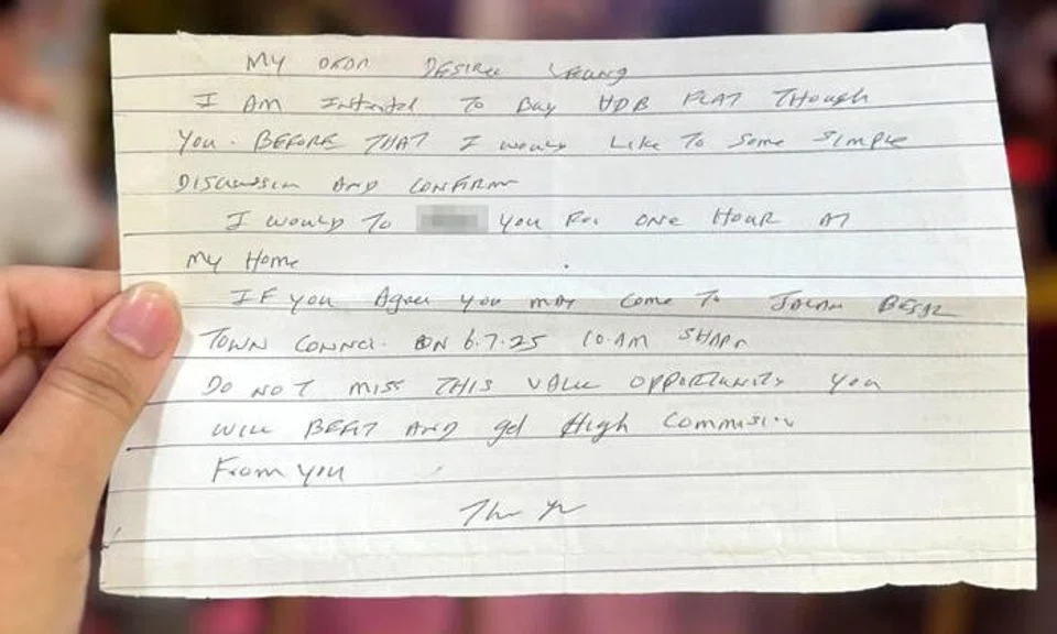 ERA property agent Desiree Leung initially thought the handwritten letter she received was a normal letter of inquiry about a property sale.