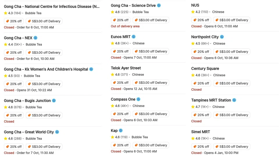 On GrabFood, the status of Gong Cha's various shops were indicated as closed, with various opening times listed from Oct 6 to Dec 31.
