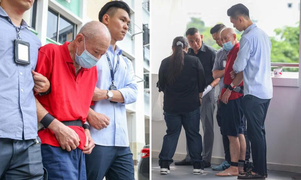 Koh Ah Hwee was in restraints as he was led to his unit on the fifth floor.