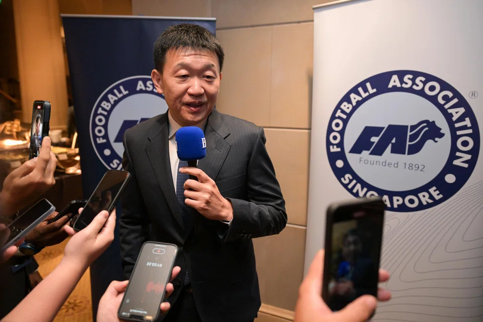 New Football Association Singapore president Forrest Li speaking to the media at Raffles Town Club on April 28.