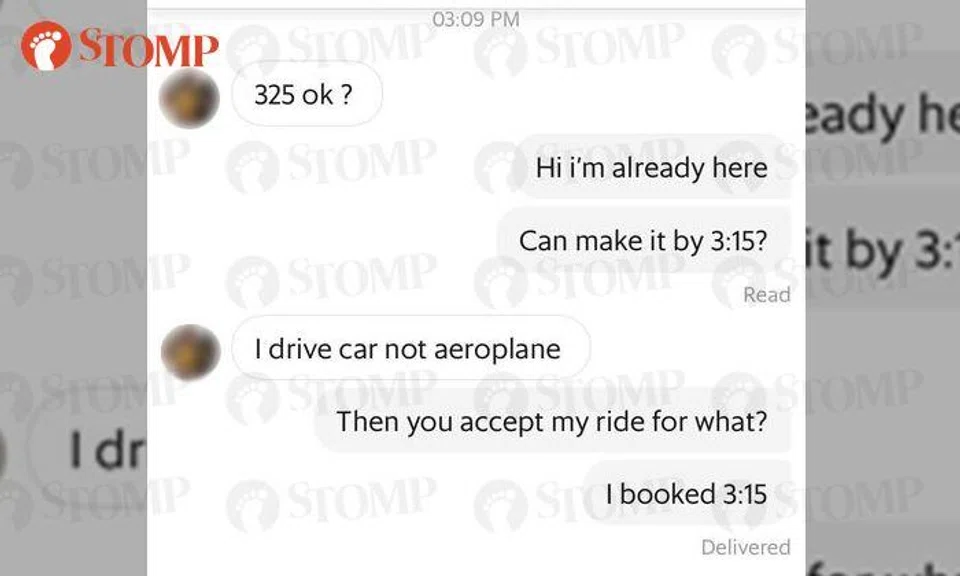 GrabHitch driver says 'I drive car not aeroplane' after being asked to arrive on time