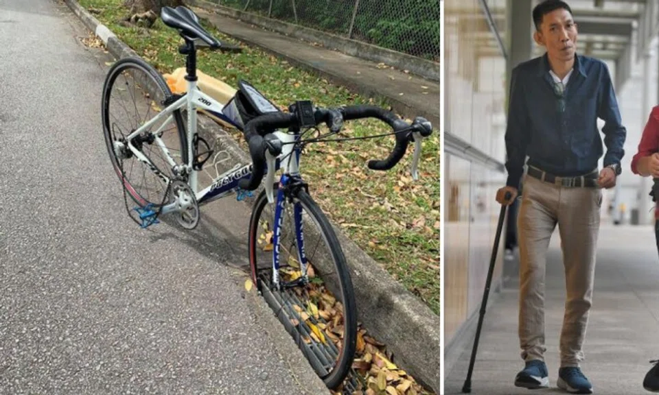 Maung Maung Aung Soe Thu, who now has a limp and uses a walking stick, contended that PUB breached the duty of care it owed him by failing to ensure that drain gratings along the road are safe for road users. Photos: The Straits Times, Roads.sg