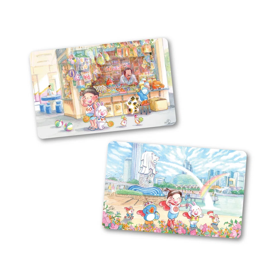 Local artist Lee Kow Fong, also known as Ah Guo, designed a set of ez-link cards titled the Ah Guo Illustration - Kiddo's SG60.