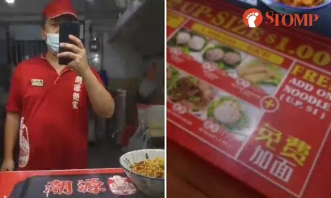 Customer and noodle stall worker record each other arguing over 'free upsize' in Tampines coffee shop