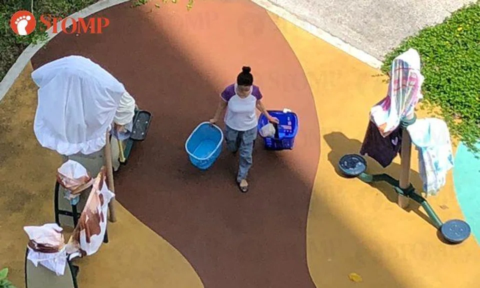 Tampines resident treats fitness corner as her own by hanging bedsheets out to dry
