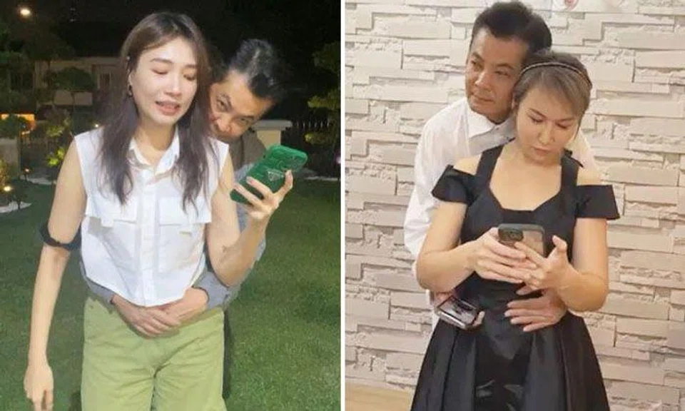 In separate livestreams, local actor Terence Cao was seen hugging actress Dawn Yeoh (left) from the back, as well as a Malaysian businesswoman named Joyce.SCREENSHOTS: FACEBOOK
