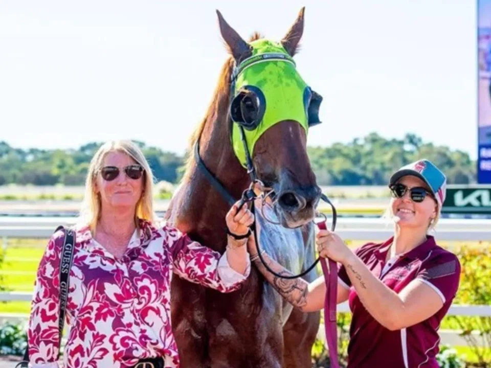 Trainer Meryl Hayley (far left) proudly leading in Deltason at his maiden win at Ascot in Perth on April 30.P 