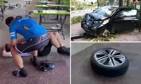BMW collides with another car, tyre falls off and hits man seated near road at Jalan Kayu eatery
