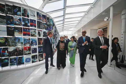 President Tharman Shanmugaratnam, joined by (from left) Luxembourg’s Grand Duke Henri, Grand Duchess Maria Teresa and Mrs Jane Ittogi Shanmugaratnam, on March 28. Guiding them is SES CEO Adel Al-Saleh.