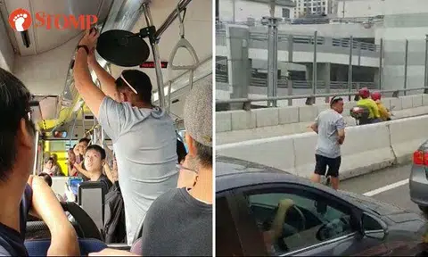 Man activates emergency door release on bus along Johor Causeway during traffic jam